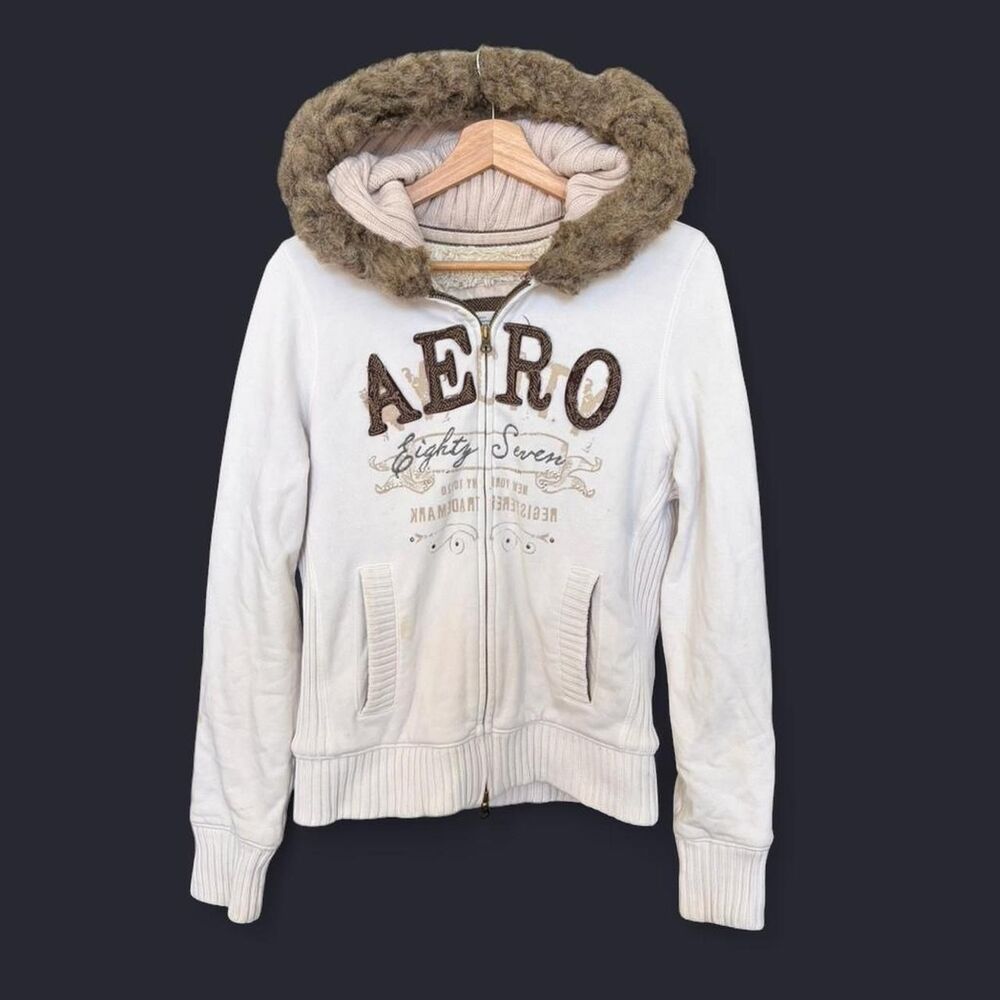 Y2K Aeropostale fur hood zip up hoodie jacket soft fur lining two way zippers